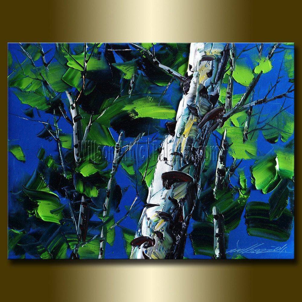 Original Textured Palette Knife Landscape Painting Oil on Canvas Contemporary Modern Tree Art Birch 12X16 by Willson Lau