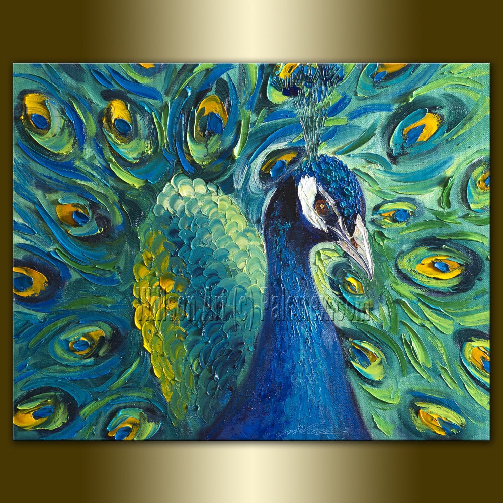 Original Peacock Oil Painting Textured Palette Knife Contemporary Modern Animal Art 16X20 by Willson Lau