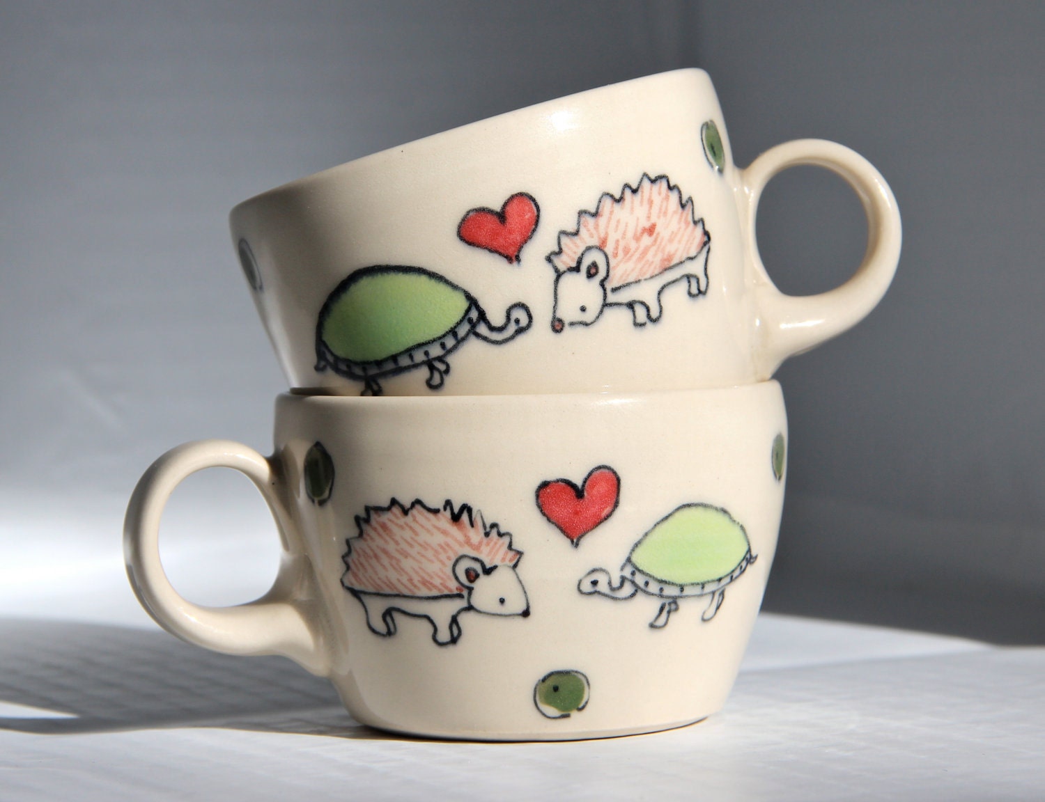 Personalized Wedding Gift - Personalized Engagement Gift - Pair of Made to Order Teacups - Hedgehog and Turtle in Love