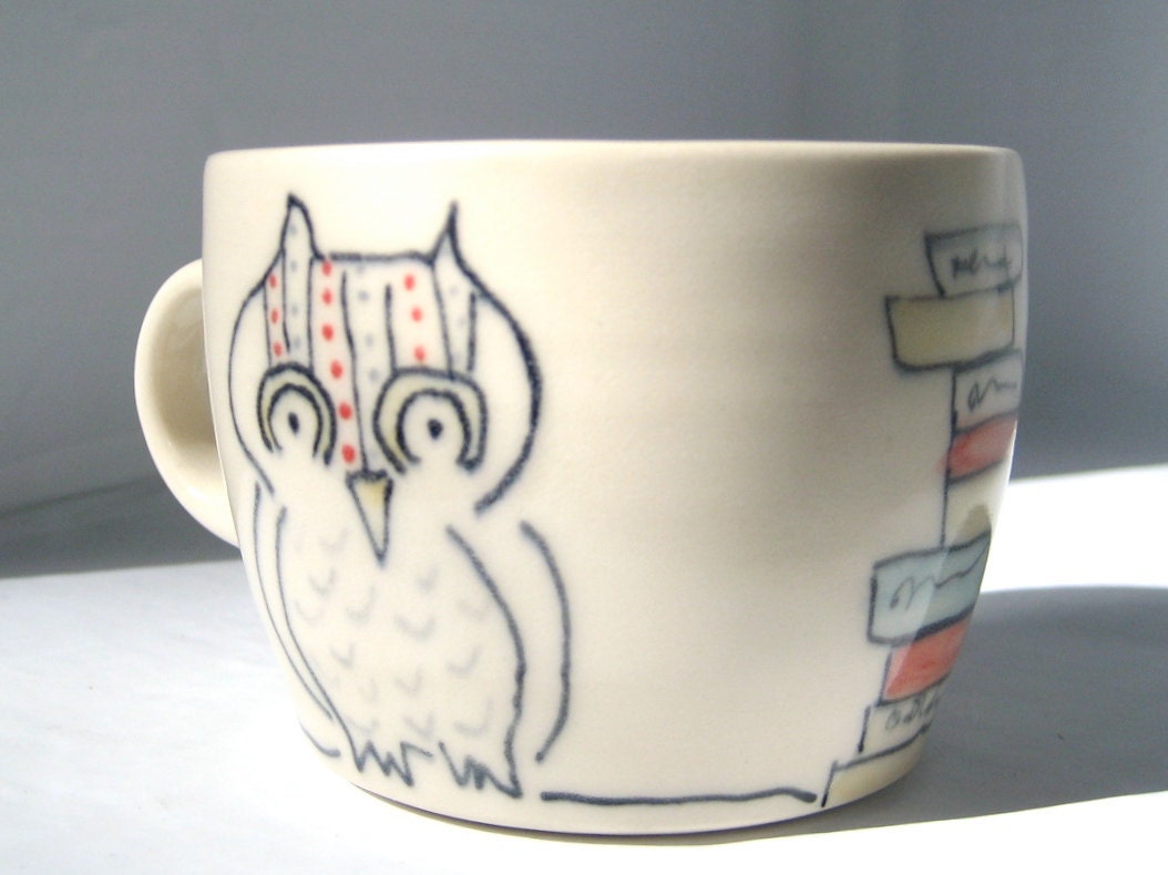 Espresso Cup- Owls and Books - Tiny Handmade Coffee Mug