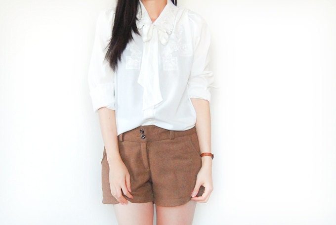 Back To School SALE - Vintage Rose Embroidery Collared Button Up Blouse - Detachable Pussy Bow