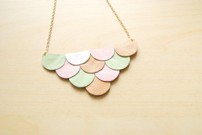 LAST ONE - Leather Scallop Petals Necklace - Pastel Spring Garden - Made to Order