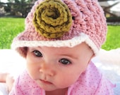 Crochet Visor Hat - Organic Cotton, pink cream olive. Preemie newborn Photography prop.