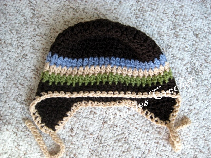 Size 2 or 3 Organic Cotton Earflap Beanie Hat - Espresso with Pistachio, Macadamia and Dusty Blue stripes and trim. Pick your color.