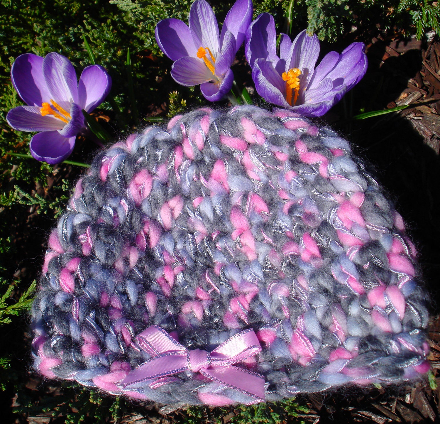 Newborn Beanie Hat with pink bow - Pink,Orange, Blue and Violet. Wool.Photography prop