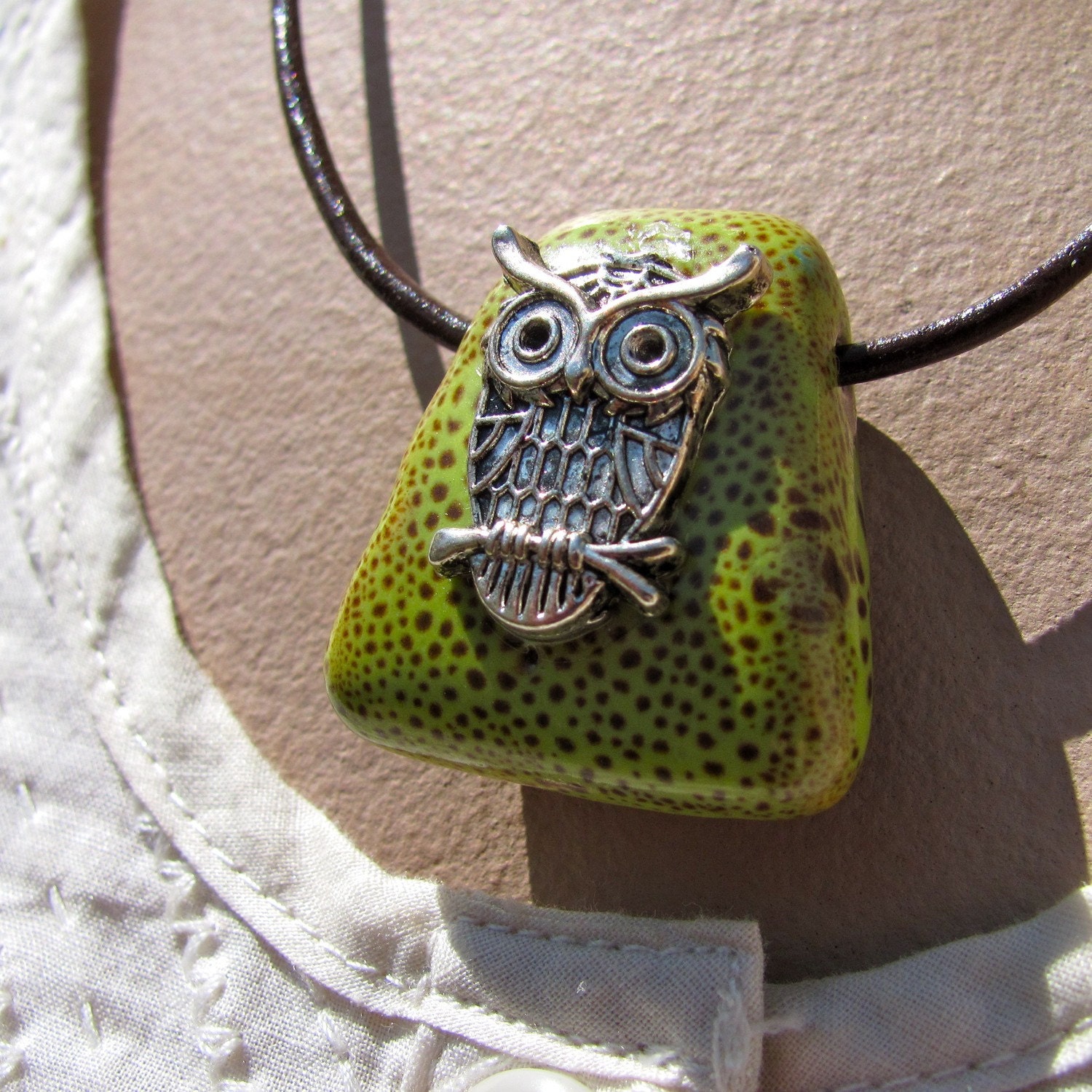 Silver Owl and Lime Green Pendant Necklace