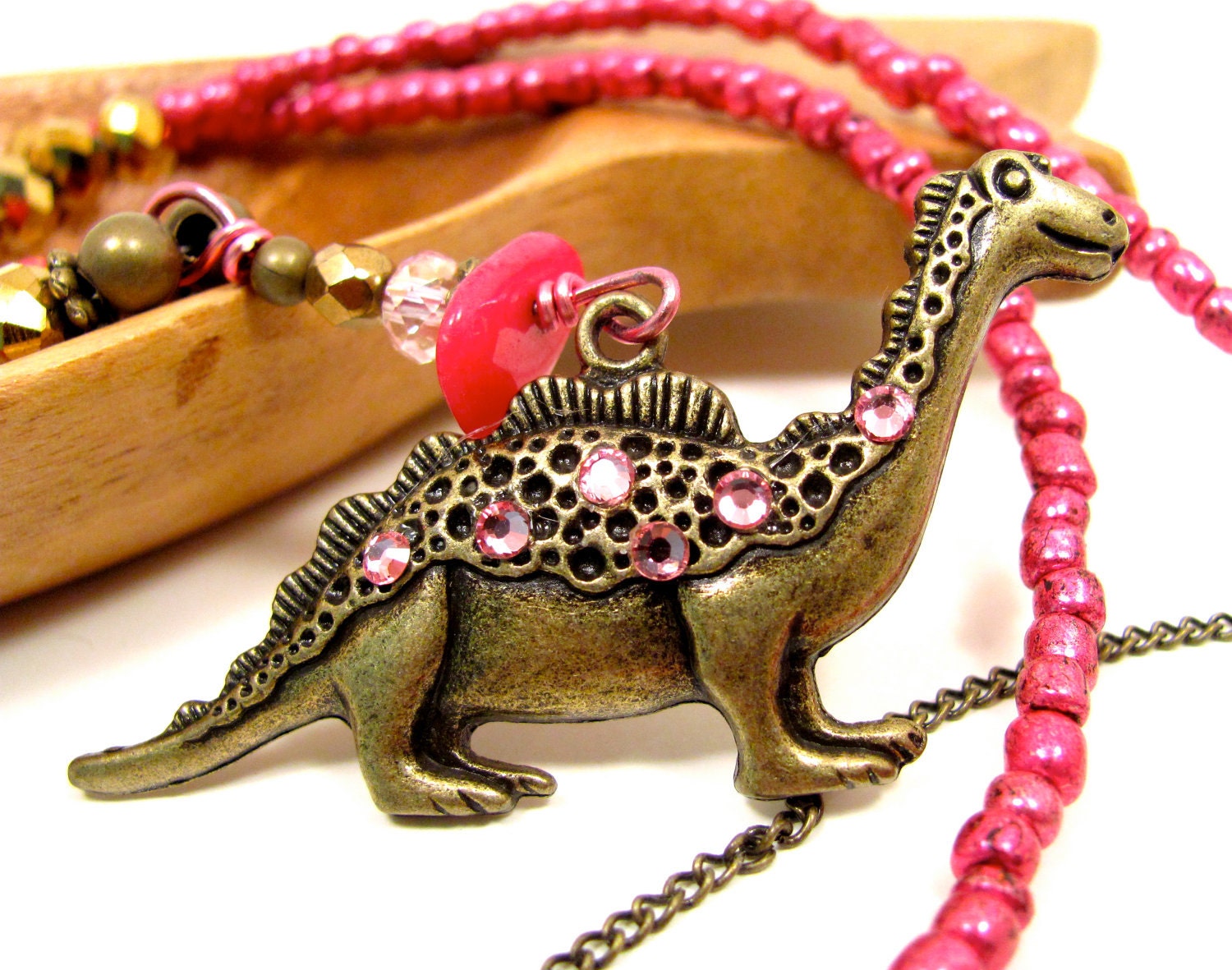 Dinosaur Hot Pink Necklace OOAK
