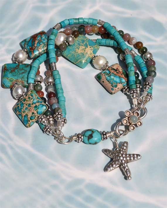 Bohemian Multi Strand Turquoise and Earth Tone Starfish Sterling Bracelet