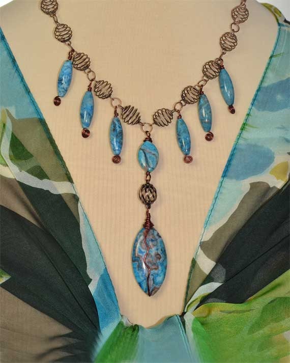 Handmade Blue with Brown Matrix  Larimar - Crazy Lace Wire Wrapped Pendant Necklace