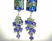 Long, Dangly, Indigo Blue and Green, Sparkly Swarovski Crystal, Sterling Silver, Murano Glass Earrings