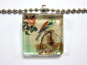 Bird on Bike Glass Tile Pendant