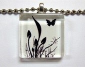 Black & White Butterfly and Foliage Glass Tile Pendant