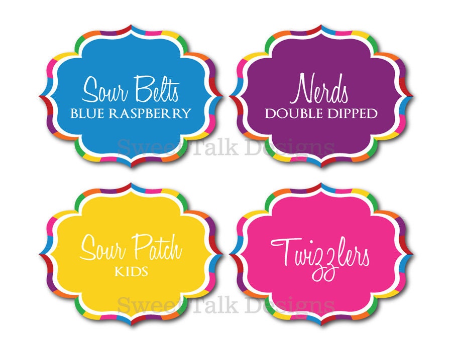 Custom Candy Buffet Labels in Colorful Candyland Design