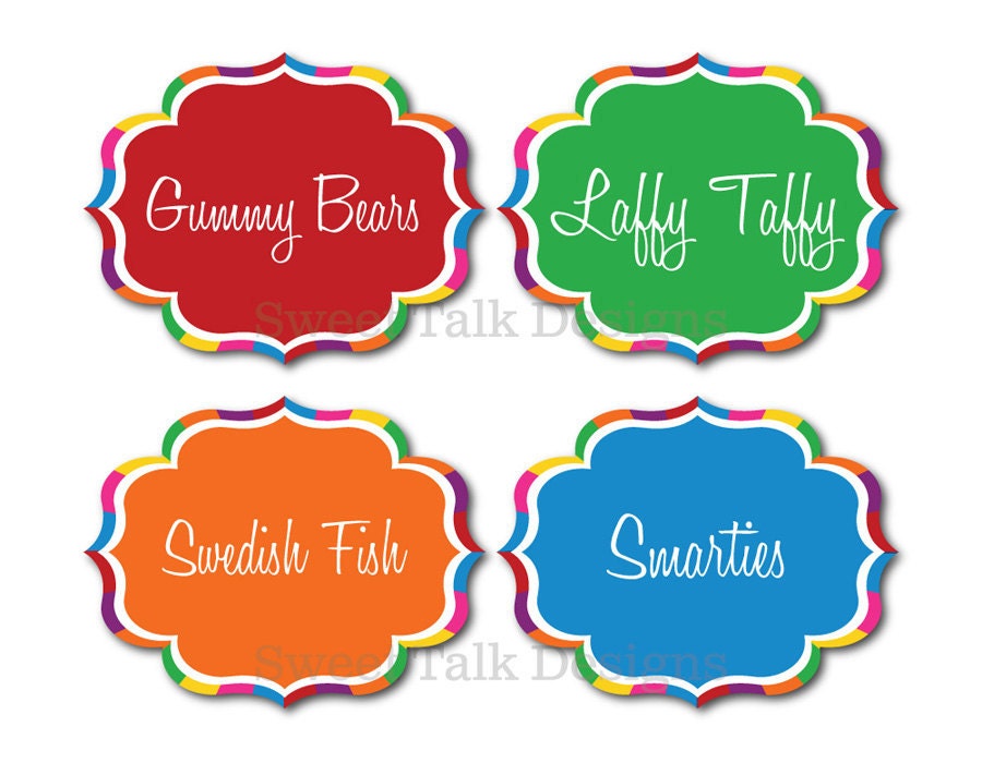 Custom Candy Buffet Labels in Colorful Candyland Design