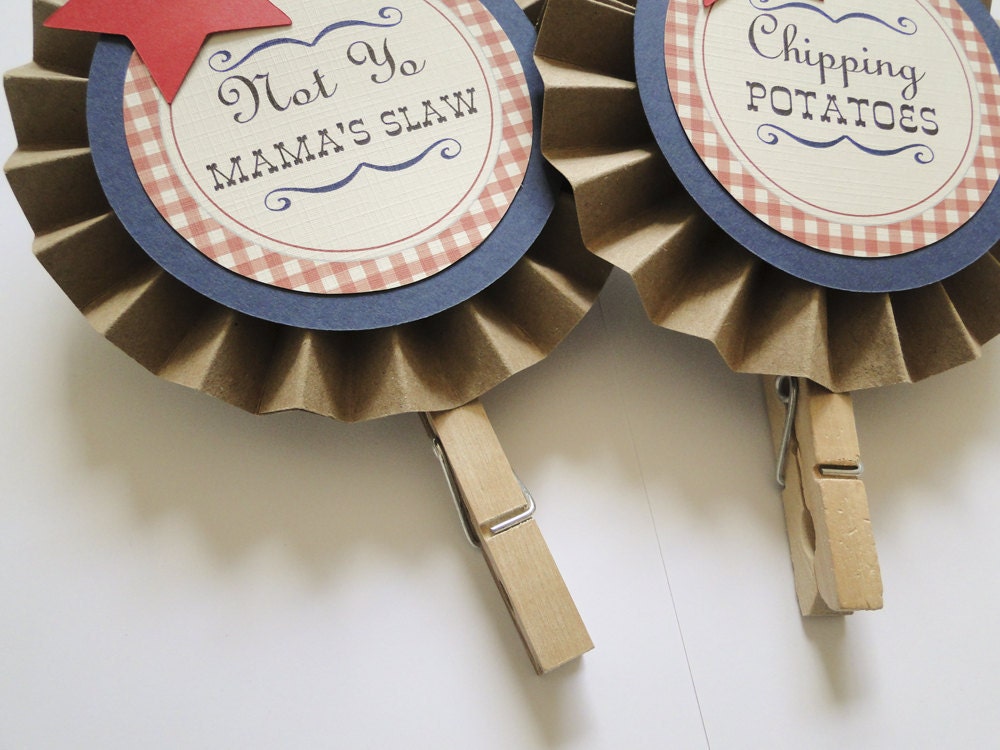 Custom Paper Rosette Clothespin Labels for BBQ Shower or Party