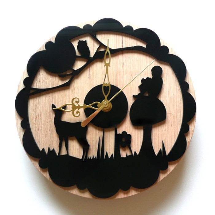 laser cut black wall clock. enchanted forest.whimsical,wood, by snowfawn on etsy