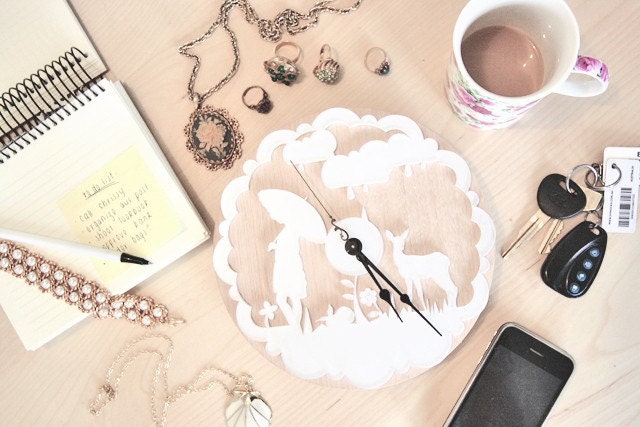 wall clock white. dreamy,whimsical,saving for a rainy day. by snowfawn on etsy
