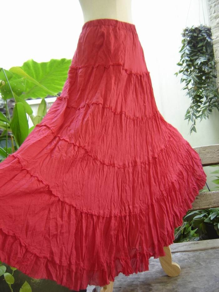 Ariel on Earth - Hobo Gypsy Long Tiered Ruffle Cotton Skirt - RED