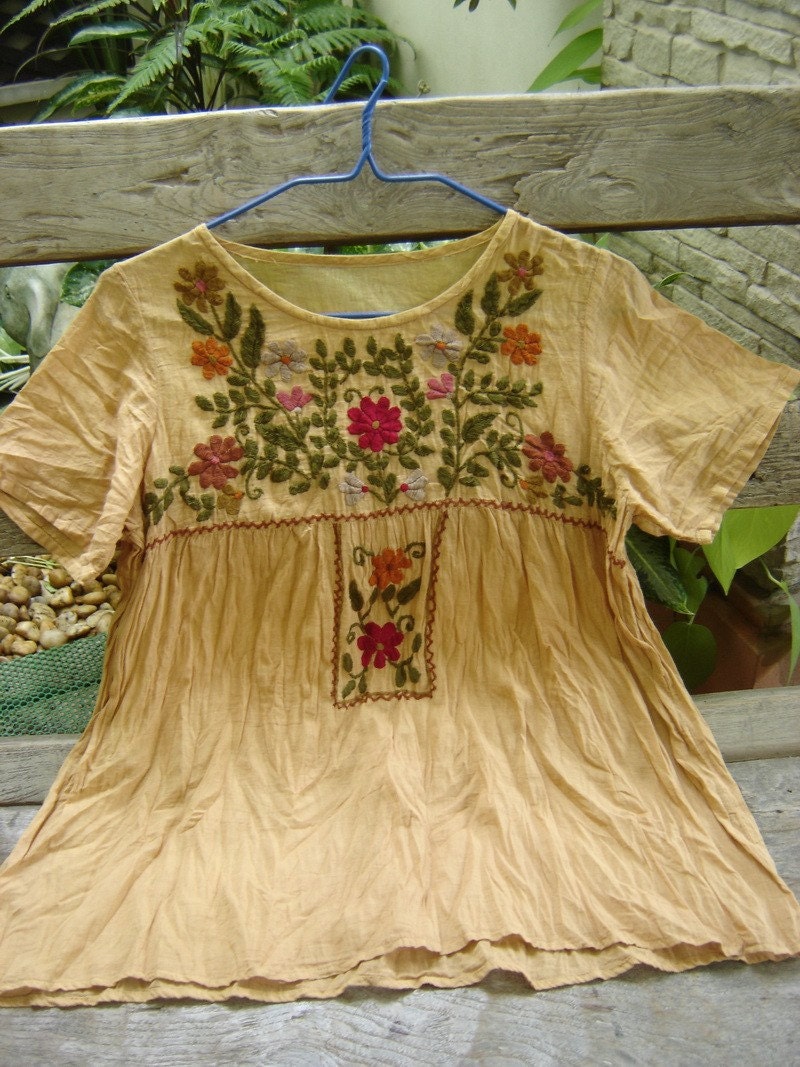 Short Sleeves Bohemian Embroidered Top in Mustard Yellow