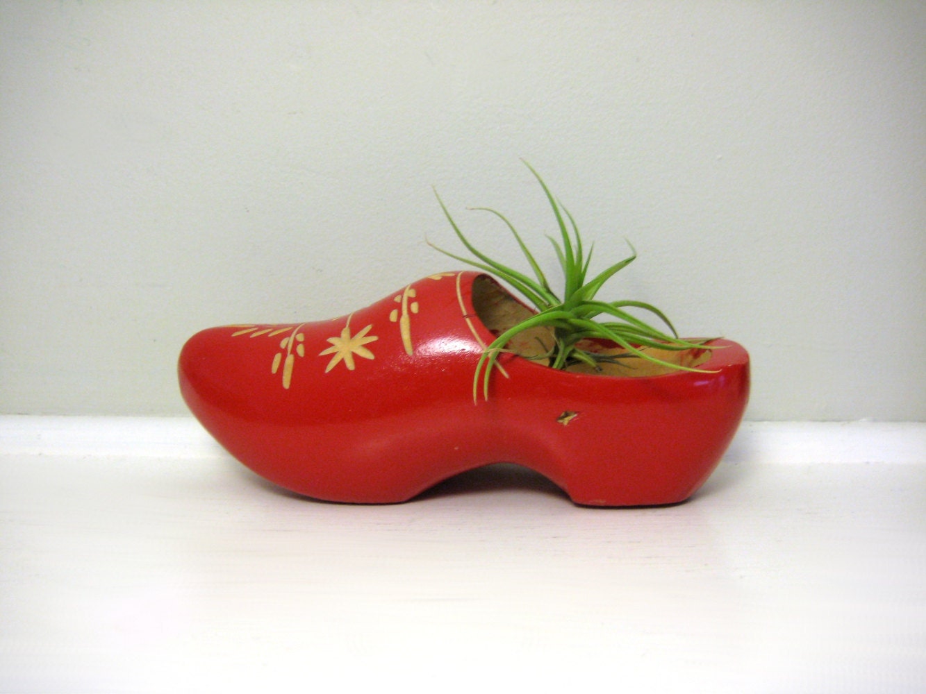 Vintage Red Dutch Wooden Shoe, Air Plant Display Container, Bright Red Travel Souvenir, Carved Wood Clog, Trinket Dish