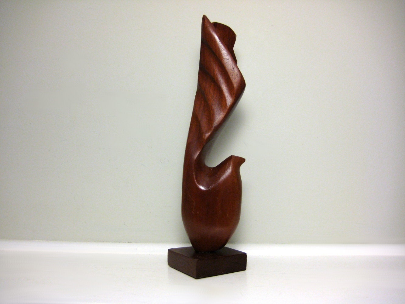 Mid Century Modern Wooden Bird Sculpture, Tall Carved Modernist Abstract Statue, Dark Brown Wood, Woodland Nature Animal Carving