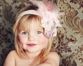 Lavender and pale pink rosette vintage headband with feathers sale