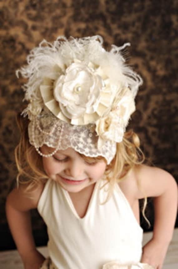 Ivory Lace Birthday Crown Bonnet with pearls flowers and pearls