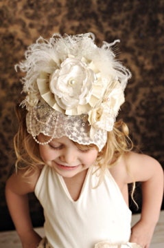 Ivory Lace Birthday Crown Bonnet with pearls flowers and pearls