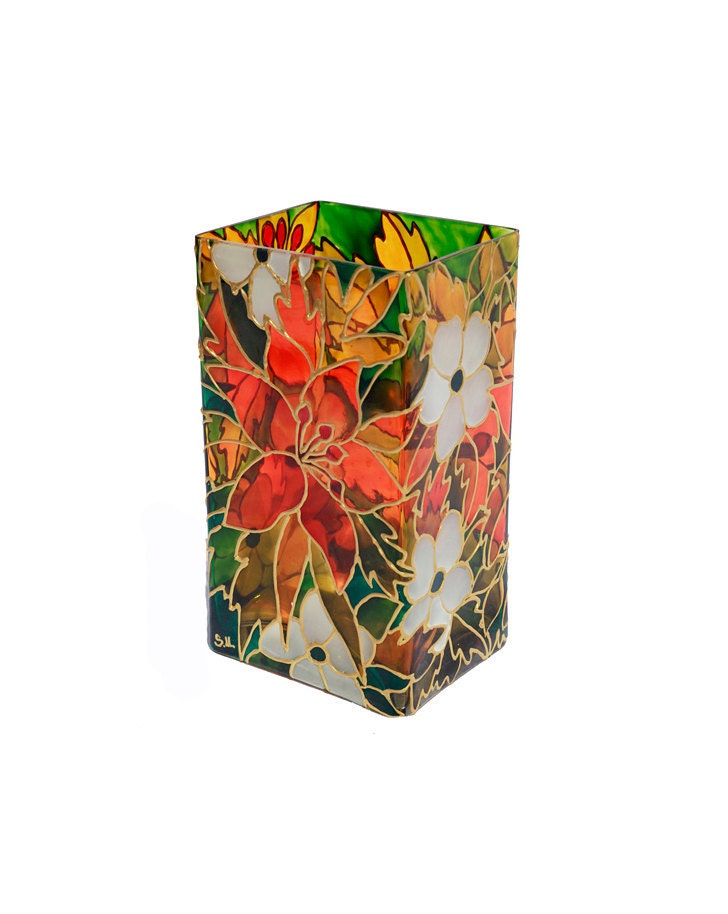 Hand Painted Glass Vase hand painted glass candle holder orange lilly botanical design floral design home decor