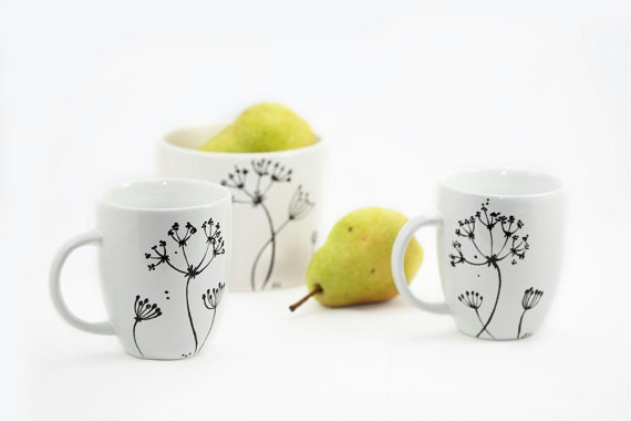 Queen Anne's Lace Hand Painted Decorative Ceramic Coffee Mugs - set of two