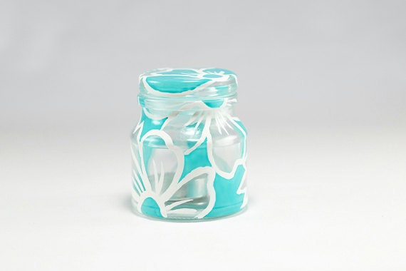 Hand Painted Glass Jar Candle Holder Lace white turquoise kitchen decor home decor Decorative Glass Art