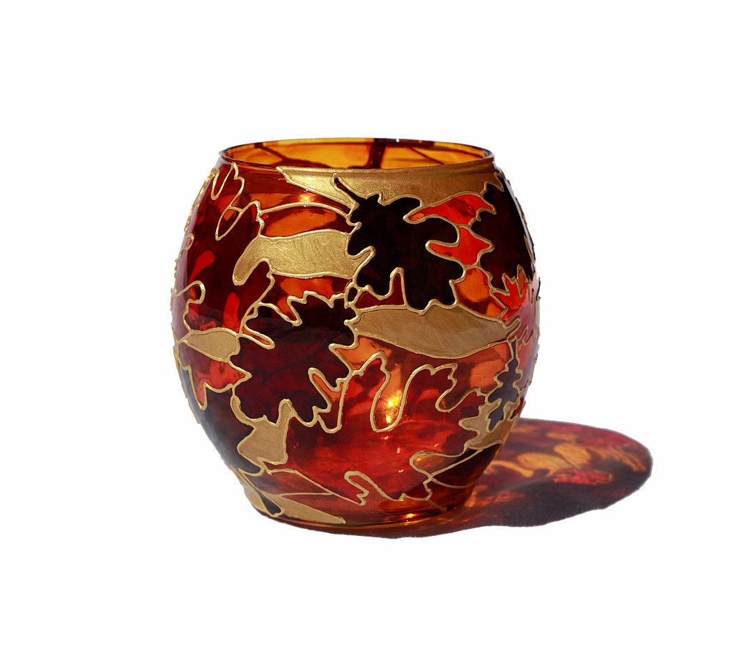 Autumn Leaves Hand Painted Candle Holder by SylwiaGlassArt