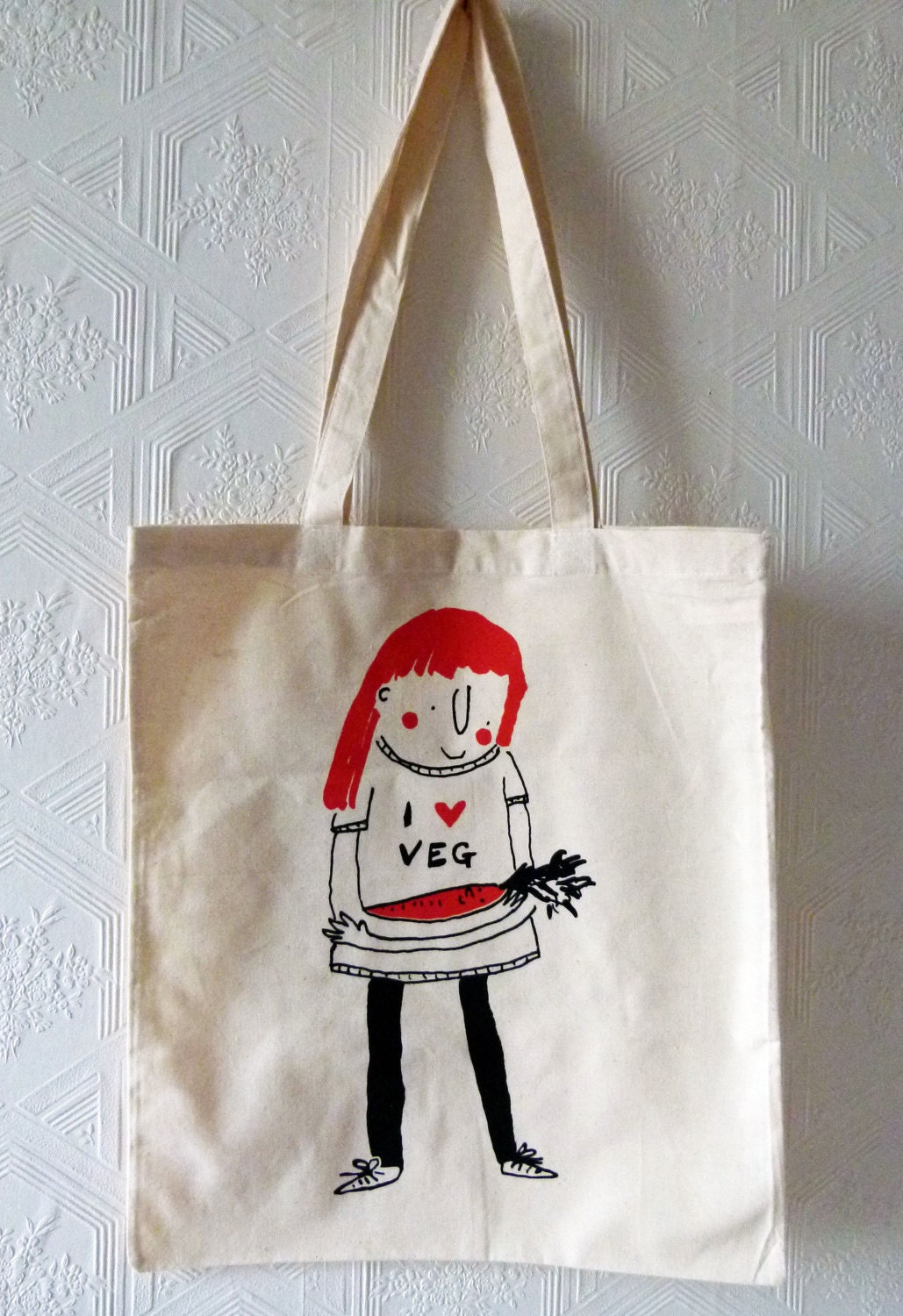 I love vegetables tote bag, vegetarian gift, orange and black Hand screen printed 2 colour tote bag featuring my illustration 'Carrot Top'