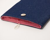 Ipad Case. Ipad bag. Ipad sleeve. Jeans Ipad cover with red white stripes inside and button closure. Custom order available.
