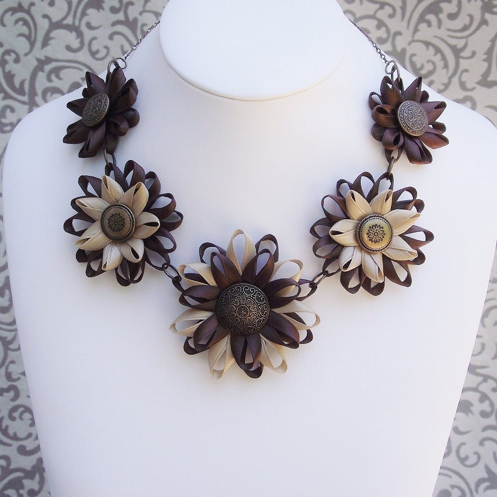 Brown Necklace - Brown Statement Necklace, Chocolate Brown with Large Flowers, Brown Flower Necklace