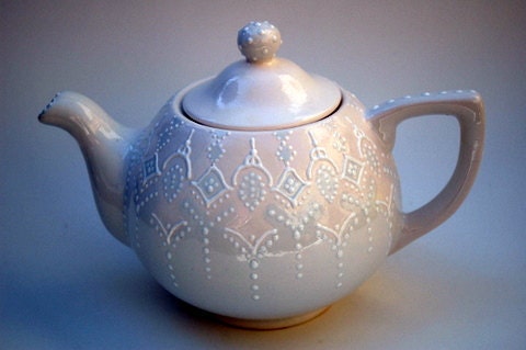 Victorian blue teapot handpainted with lace dotting