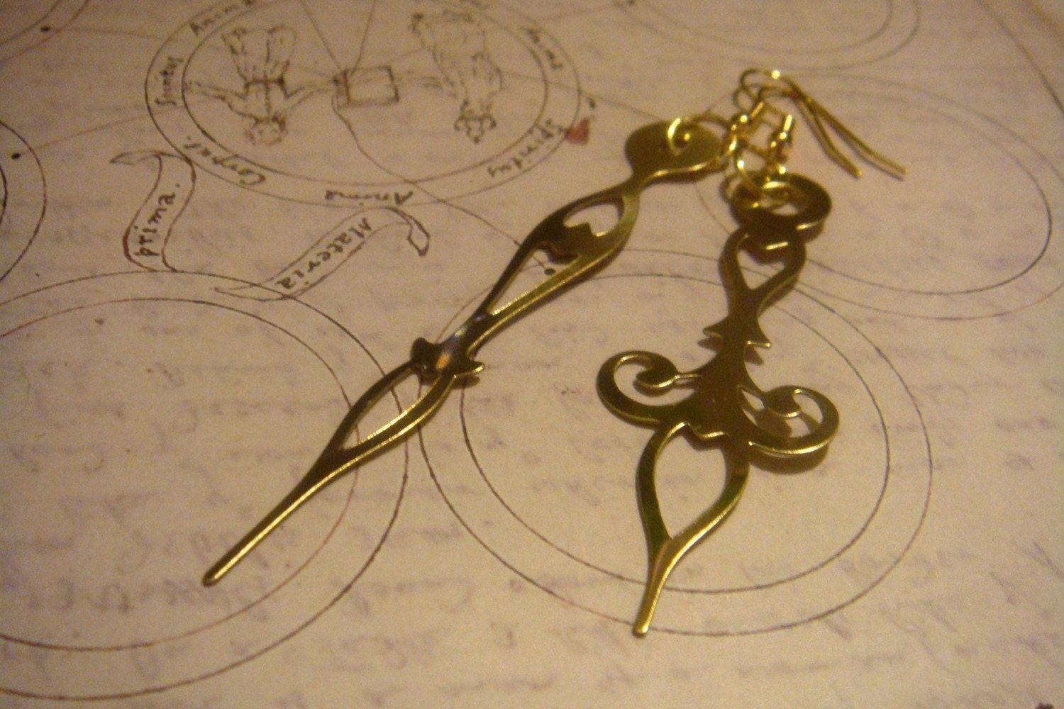 Large VictorianStyle Brass Clock Hand Earrings by Lconstructed