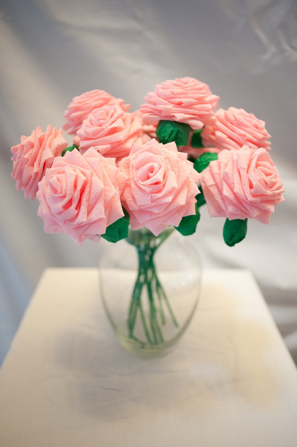 Baby Pink Handmade Paper Flowers Bouquet (12 Long-stem)