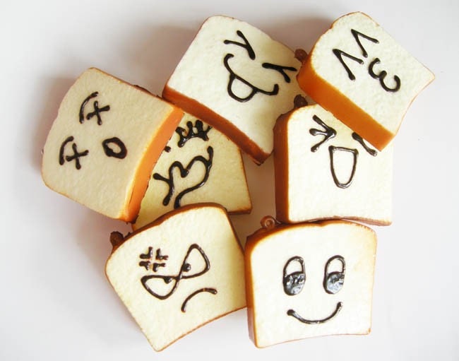 Kitsch Cute Squishy Expression Face Large Toast Bread Charms x3