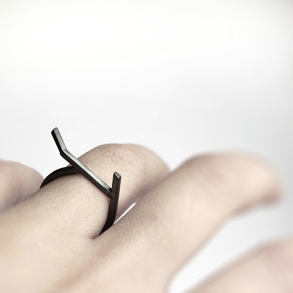 Sticks 06 . oxidized sterling silver geometric twig ring