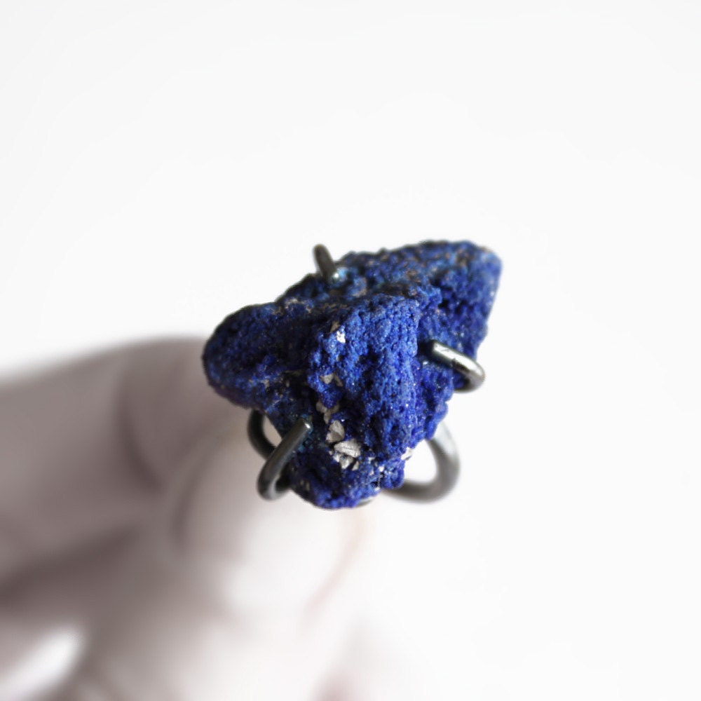Deep . oxidized sterling silver deep blue azurite ring