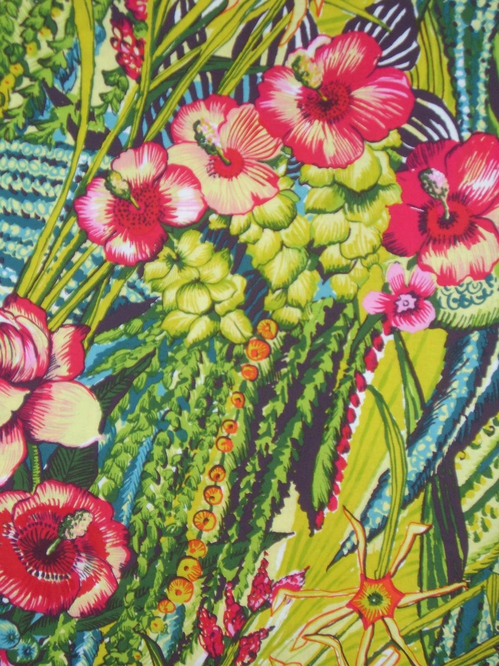 Bright Green and Red Amazona Tropical Plants Print Pure Cotton Fabric--One Yard