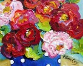 Blue & White polka dot vase Red Flowers Still Life Original Painting   11 x 14  Impasto/ palette knife Fine Art  by Elaine Cory