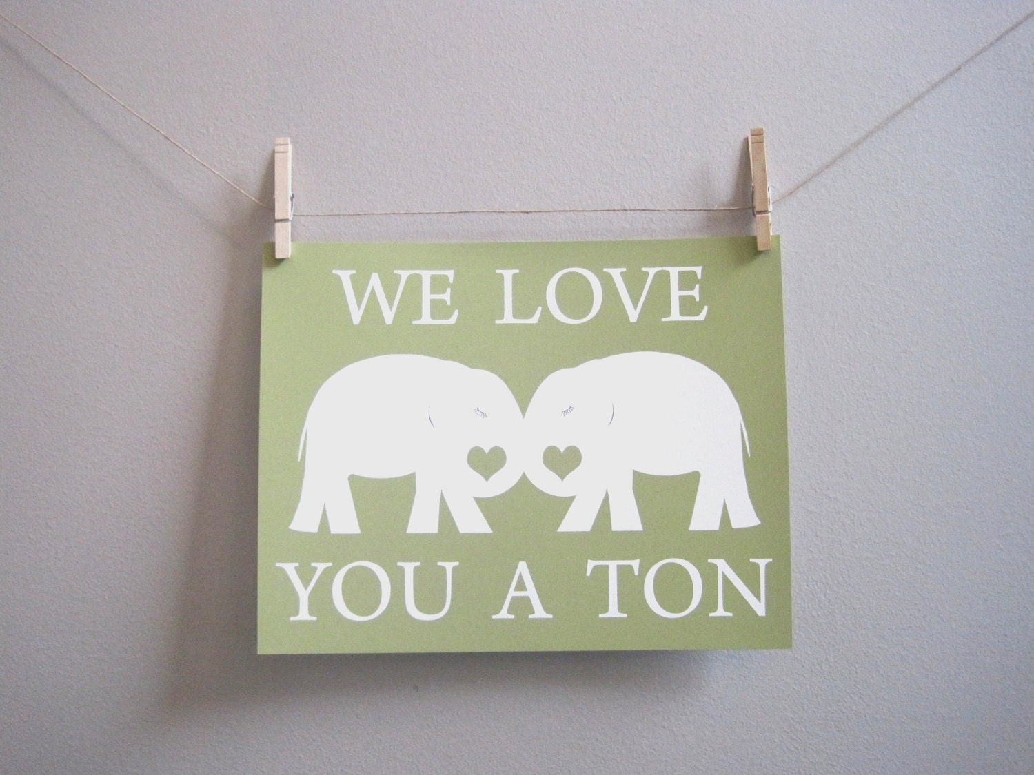 Childrens Art Print - Kids Wall Art, Nursery Art, Modern Nursery, 8x10 Print, Green, Sage, Elephant, Fall, We Love You A Ton