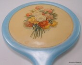 Vintage Blue Hand Held Mirror with a Padded Floral Backing