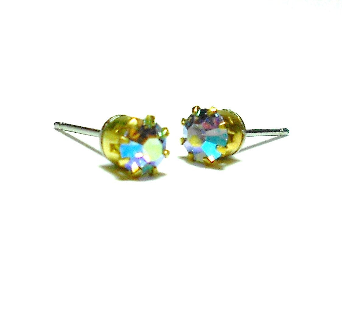 Vintage Swarovski Sapphire Aurora Borealis Earring Studs - Estate Jewelry - Peitite Studs - Swarovski Stud Earrings