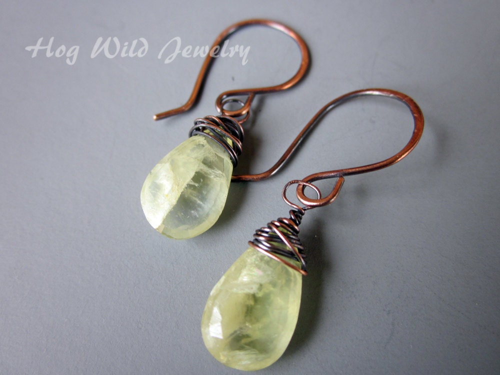 Copper Wire Wrapped Yellow Prehnite Handcrafted Copper Dangle Earrings
