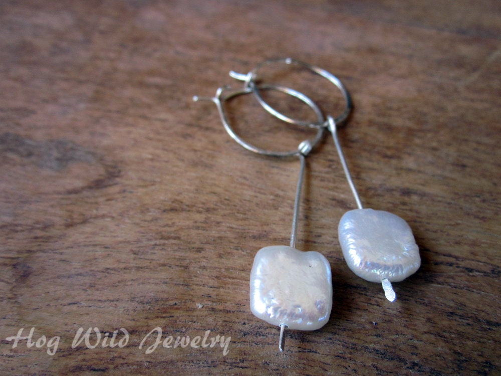 Handcrafted Sterling Silver Hoops with square Pearls