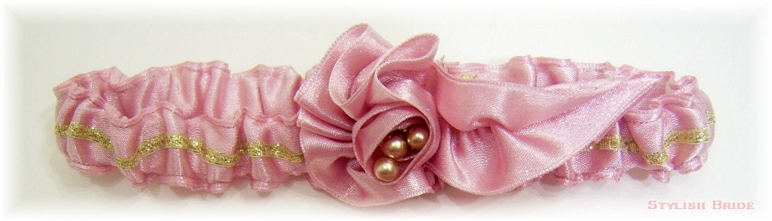 Mauve Pink and Gold Wedding Garter with Gold Bead Center