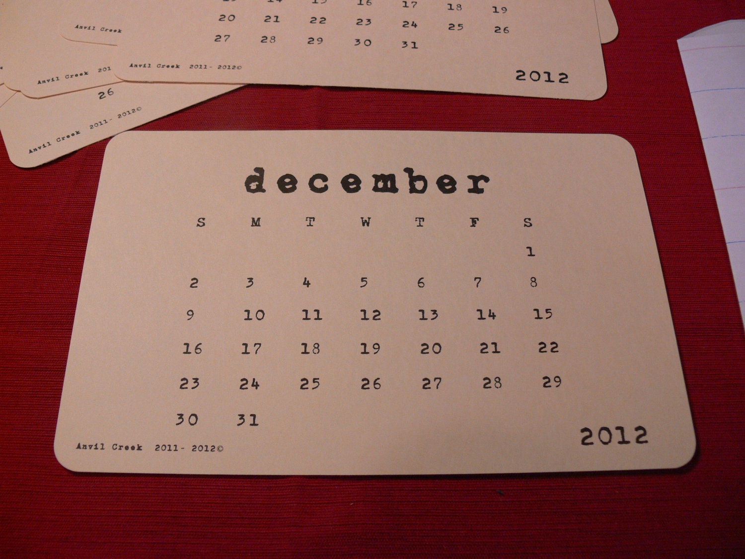 Vintage Style Flash Card Calendar - Handmade 2012